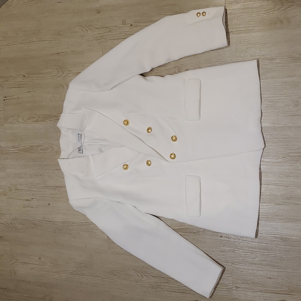 Zara Double-Breasted White Blazer with Gold Buttons